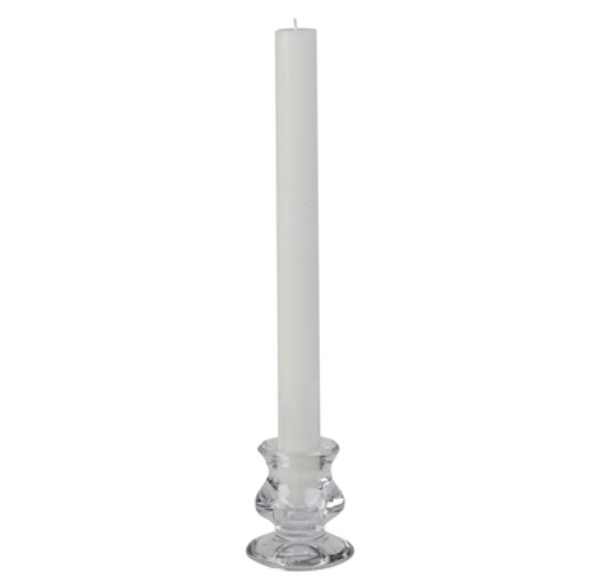 Box of 12 white taper candles 7/8 inch diameter by 10 inches tall for elegant décor and events