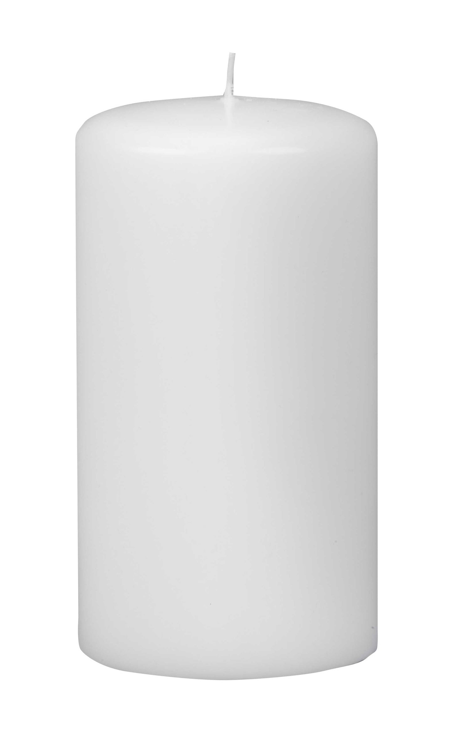 Box of six 3-inch by 6-inch white pillar candles with smooth finish and long-lasting burn