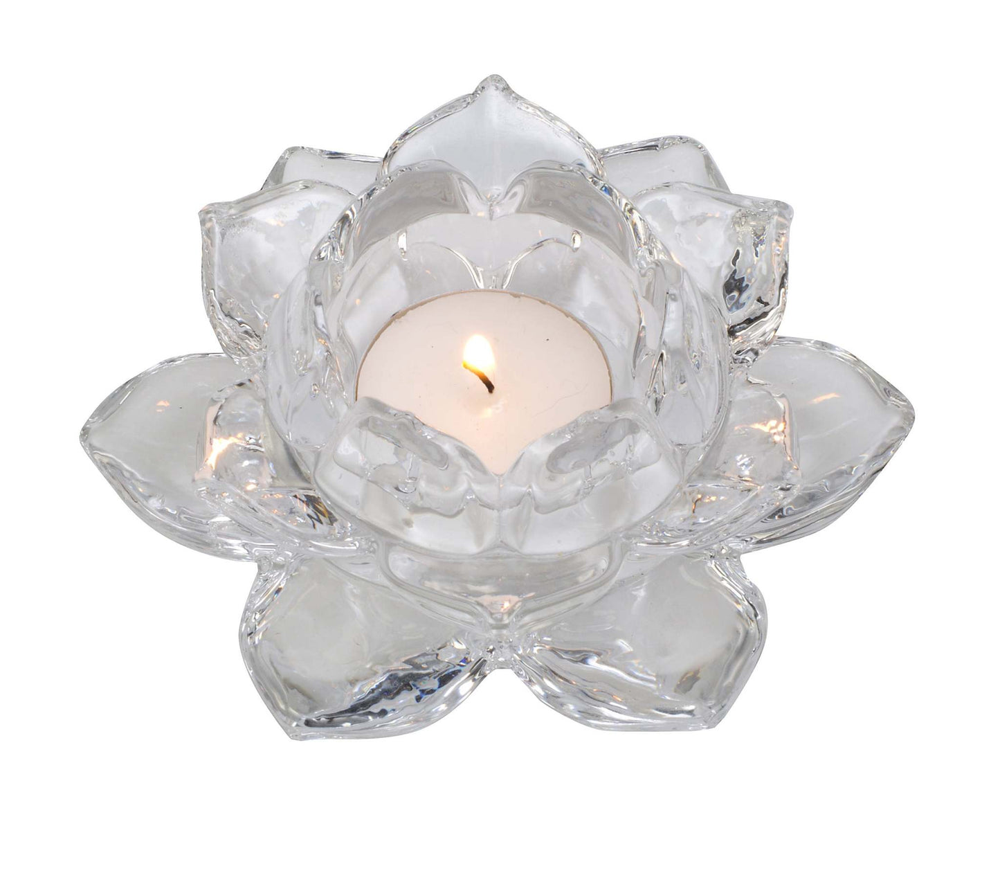 Elegant lotus glass tealight holder with layered petals creating a soft ambient candlelight glow