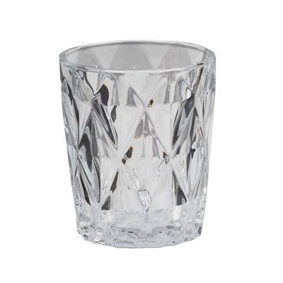 Large diamond-cut design glass tealight candle holder with elegant reflective pattern