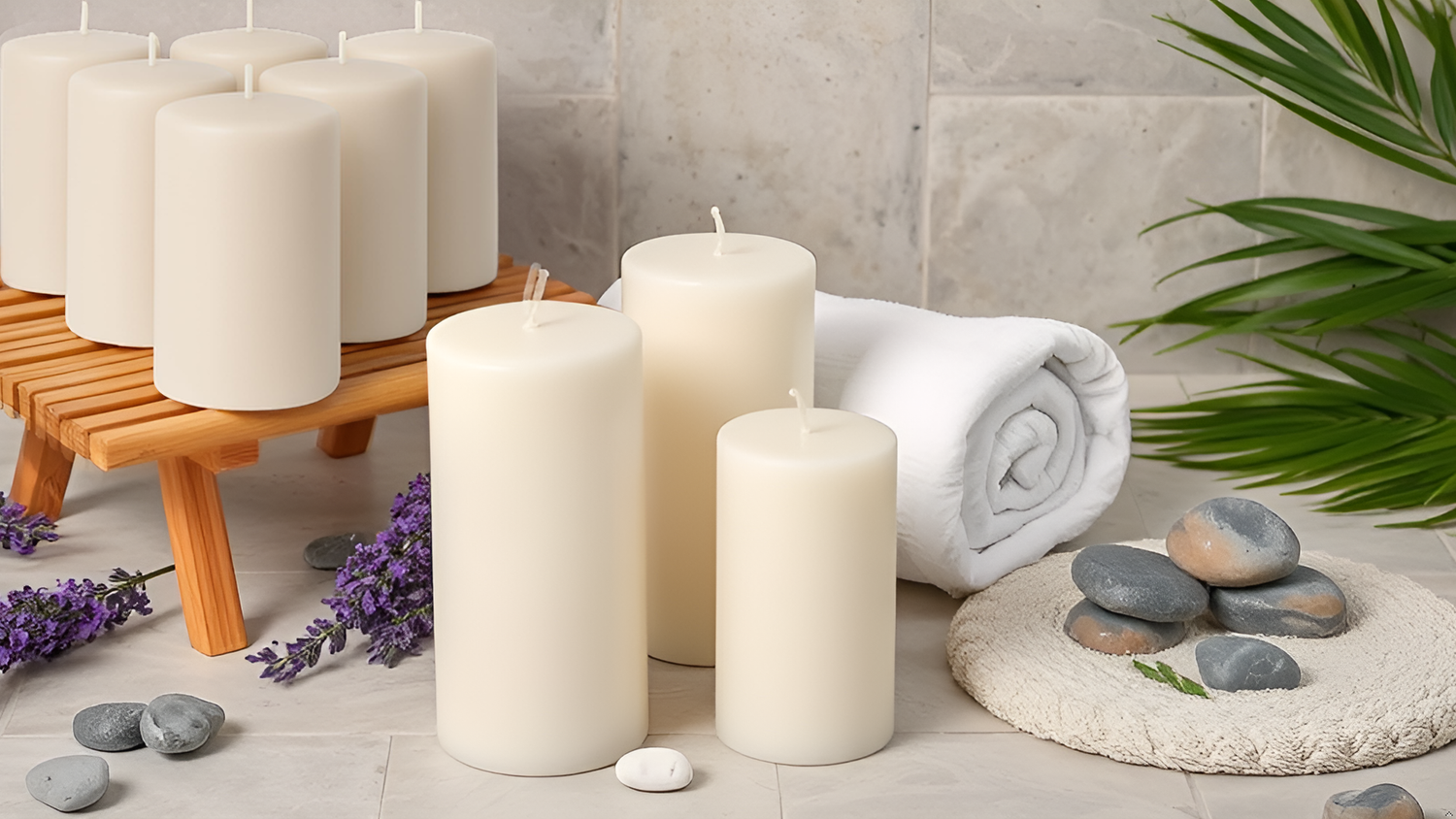 Set of white pillar candles arranged together on a wooden surface