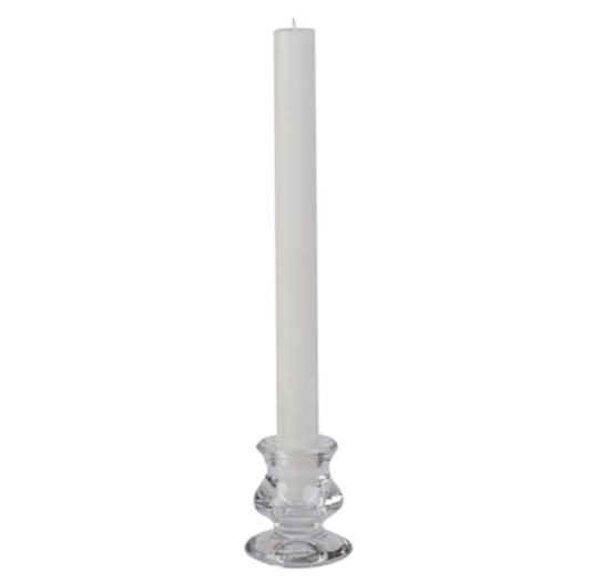 Box of 12 white taper candles 7/8 inch diameter by 10 inches tall for elegant décor and events