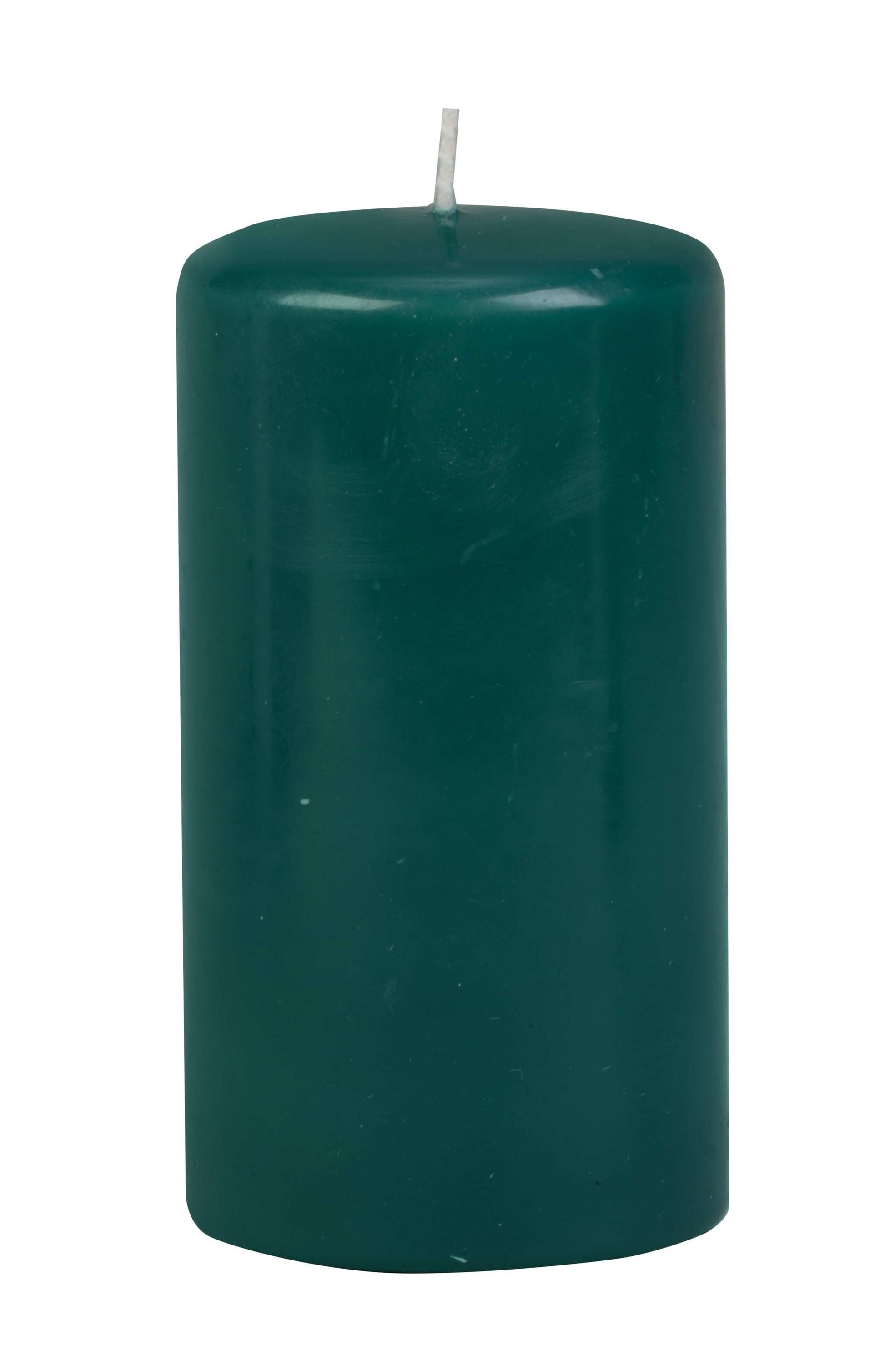 Box of six 3x6 inch evergreen pillar candles with even burn and rich green color