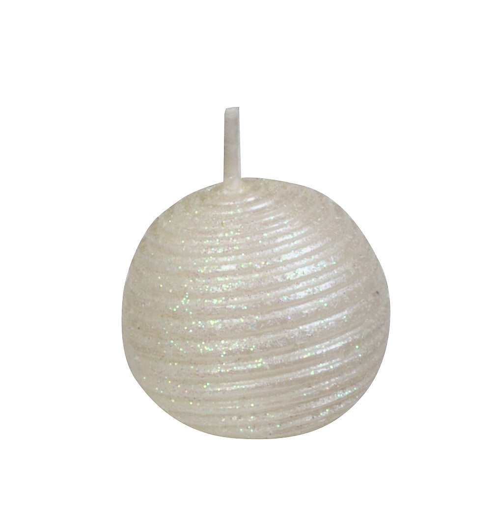 Set of 12 glitter white 1.5-inch diameter ball candles with subtle sparkle for elegant home and event décor