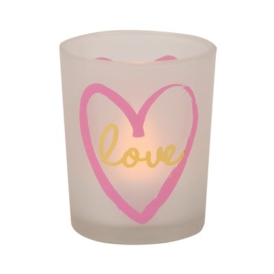 Box of 12 Glass Frost Love-Heart Votive Holders creating soft romantic candlelight glow