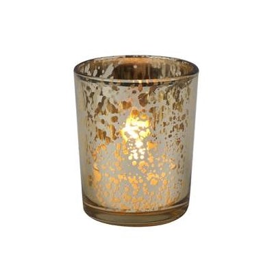 Box of 12 rustic gold glass votive holders with warm textured finish for elegant candlelight decor
