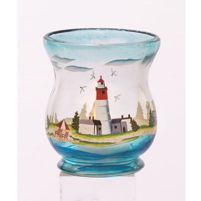 Box of 6 Glass Seashore Scene mini hurricane candle holders with coastal design