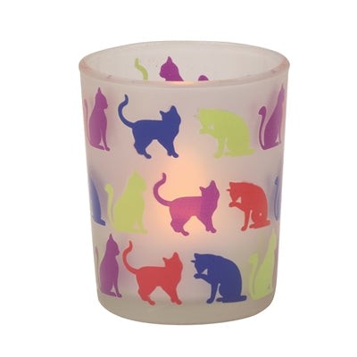 Box of 12 white Frost Glass Cats Silhouette votive holders