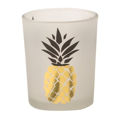 Box of 12 Frost Glass Gold Pineapple Votive Holder with gold and black accents for elegant ambient lighting