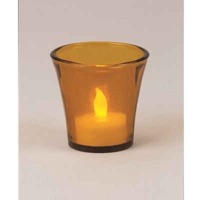 Box of 12 flared amber glass votive holders creating warm candlelight ambiance