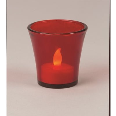 Box of 12 flared ruby glass votive holders providing elegant candlelight glow for events and home décor