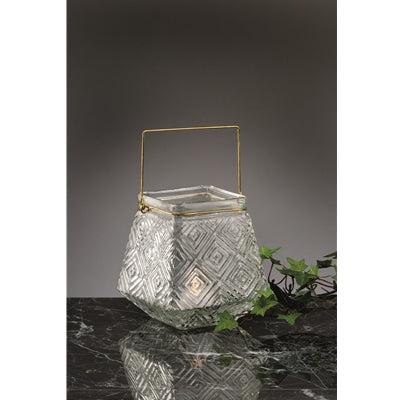 Ribbed square glass lantern with textured panels for soft candlelight diffusion and elegant home décor